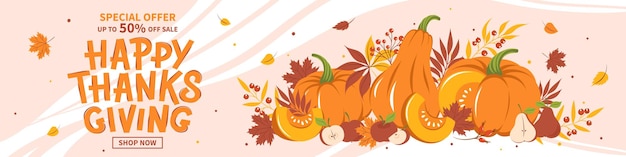 Thanksgiving-verkaufsbanner, saisonales werbeangebot-rabattplakat für herbstliche einkaufsvorlage.