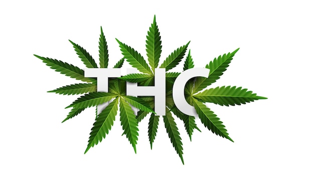 Thc. 3d-titel verziert mit cannabisblättern