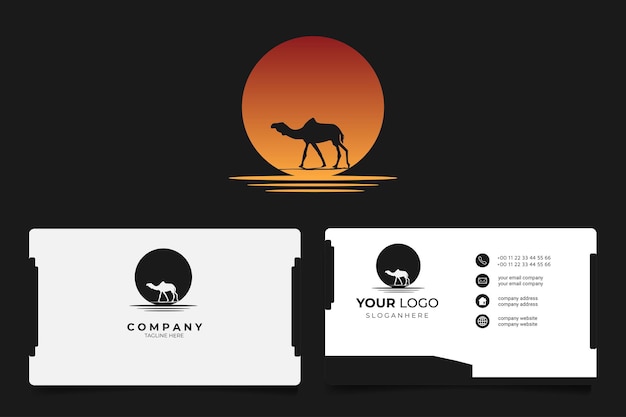 Vektor the camel silhouette at beach sunset sun retro-logo mit visitenkarte