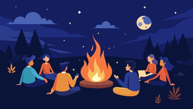 Vektor the crackling of a bonfire under the starlit sky as students share stories and bond after a long day