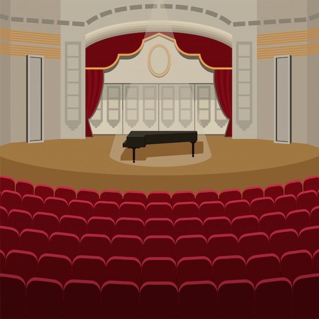 Theaterbühne mit Vorhängen Unterhaltungsstrahler theatralische Szene Innenraum alte Opernleistung Hintergrundillustration.