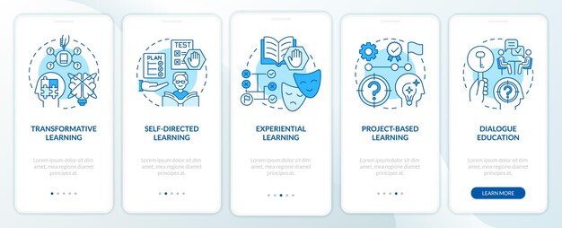 Theorien und Formen der Erwachsenenbildung blauer Onboarding-Bildschirm der mobilen App Walkthrough 5 Schritte grafische Anleitungsseiten mit linearen Konzepten UI UX GUI-Vorlage Myriad ProBold Reguläre Schriftarten verwendet