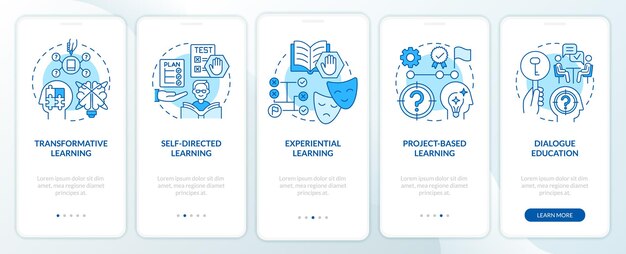 Theorien und formen der erwachsenenbildung blauer onboarding-bildschirm der mobilen app walkthrough 5 schritte grafische anleitungsseiten mit linearen konzepten ui ux gui-vorlage myriad probold reguläre schriftarten verwendet