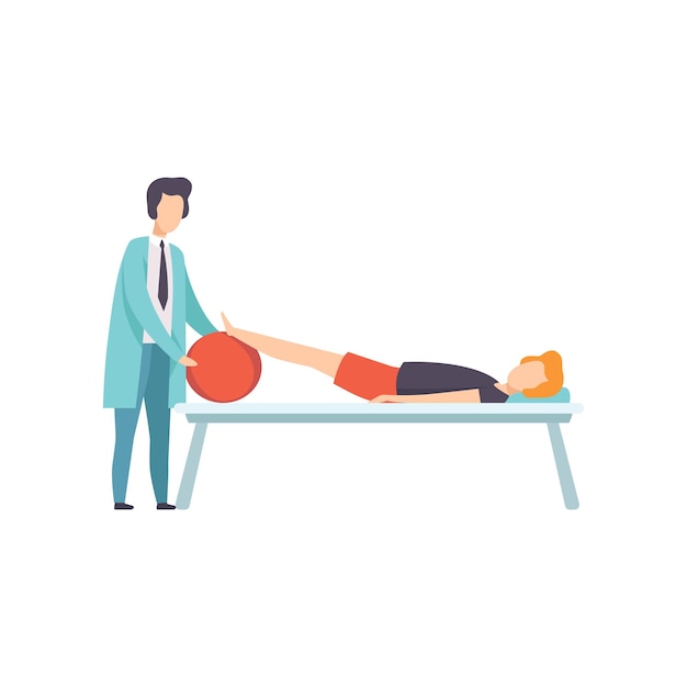 Vektor therapeut arbeitet mit behinderten patienten, die auf der couch liegen, medizinische rehabilitation, physikalische therapie aktivität vektor illustration isoliert auf weißem hintergrund