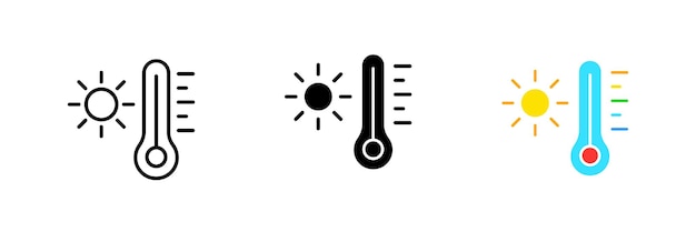 Thermometer und sonne sommerhitze erwärmung celsius kelvin fahrenheit vektor-set-symbol in schwarzen und farbenfrohen linienstilen isoliert auf weißem hintergrund