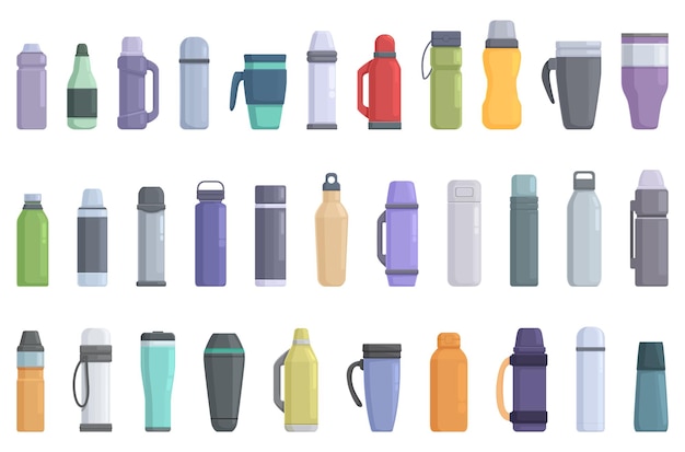 Thermos-Ikonen-Set Cartoon-Vektor Wasser-Stahl-Flaschen-Vakuum