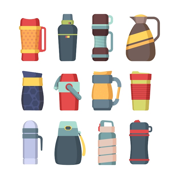 Thermosflasche. Stahlbecher mit Griff für Kaffee-Küchenutensilien-Isolierflasche für Flüssigkeiten runder Flaschen farbiger Vektorsatz. Thermo-Vakuumflasche, Vakuum-Kolben Edelstahl Abbildung