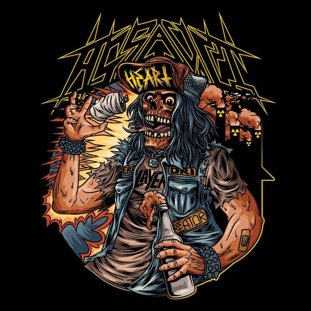 Vektor thrash-metal-schädel mit textillustration