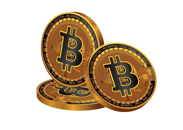 Three digital golden bitcoin coins stacked on white background with circuit design