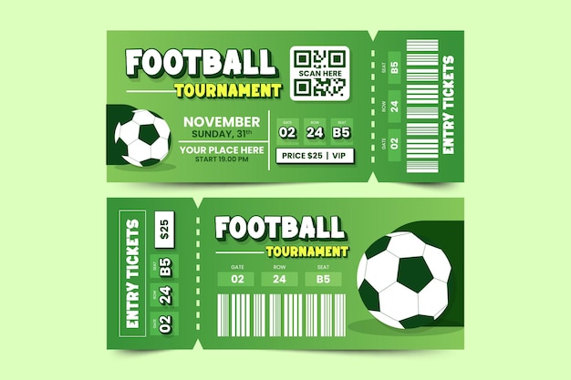 Vektor ticket-designvorlage für fußballturniere, einfach anzupassen, einfaches und elegantes design