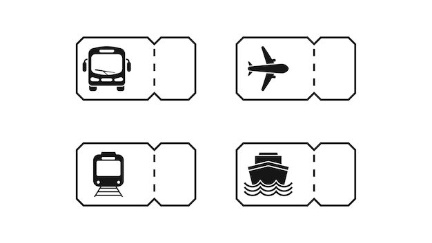 Ticket-icon-set bus flugzeug zug- und schiffsticket-set schwarzer und linearer vektor eps 10