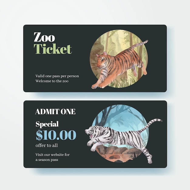 Ticketvorlage mit internationalem tiger day-konzept, aquarell-stil