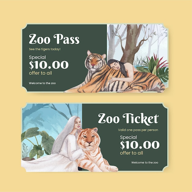 Ticketvorlage mit internationalem tiger day-konzept, aquarell-stil