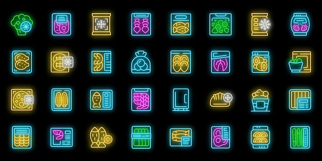 Tiefkühlkost-Symbole setzen Umrissvektoren. Tüte Fleischprodukt aus Kunststoff in Neonfarbe auf Schwarz