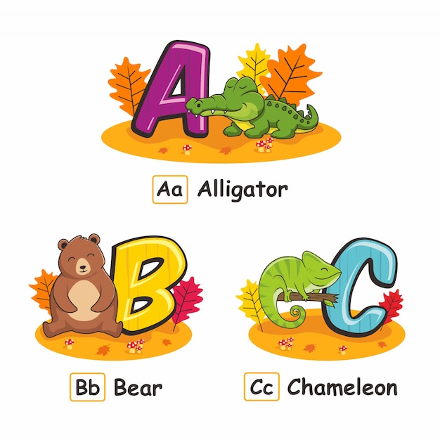 Vektor tier-alphabet autumn alligator bear chameleon