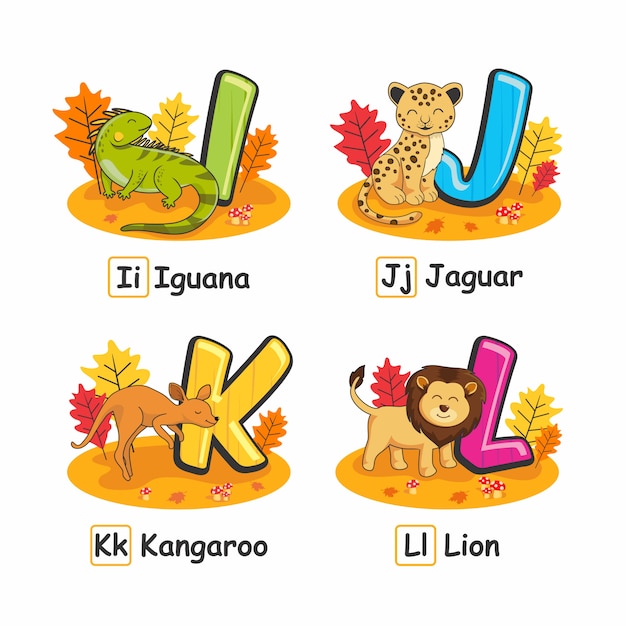 Vektor tier-alphabet autumn iguana jaguar kangaroo lion