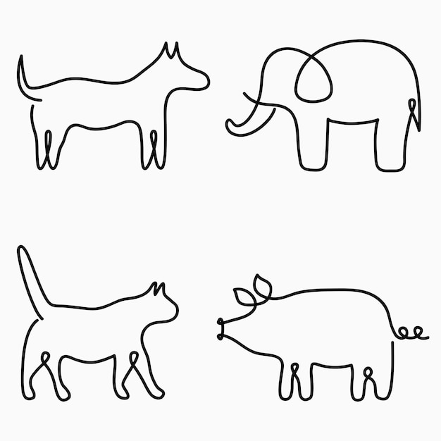 Tiere eine strichzeichnung durchgehender strichdruck katze hund schwein elefant handgezeichnete illustration