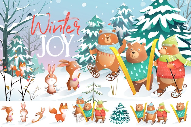 Tiere skifahren und spielen mit show in winterwaldlandschaft. weihnachtsferien spaß und freude. winterfiguren-clipart-illustration für kinder. kinder-cartoon-set im aquarell-stil.