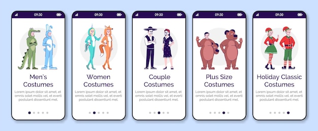 Vektor tierkostüme für männer und frauen beim onboarding mobiler app-bildschirmvektorvorlage urlaubskleidung in übergröße walkthrough-website führt flache charaktere durch ux ui gui smartphone-cartoon-schnittstellenkonzept