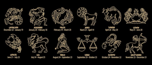 Vektor tierkreiszeichen, astrologische horoskopzeichen. konturieren sie goldene zeichnungen auf einem schwarzen hintergrund. symbole