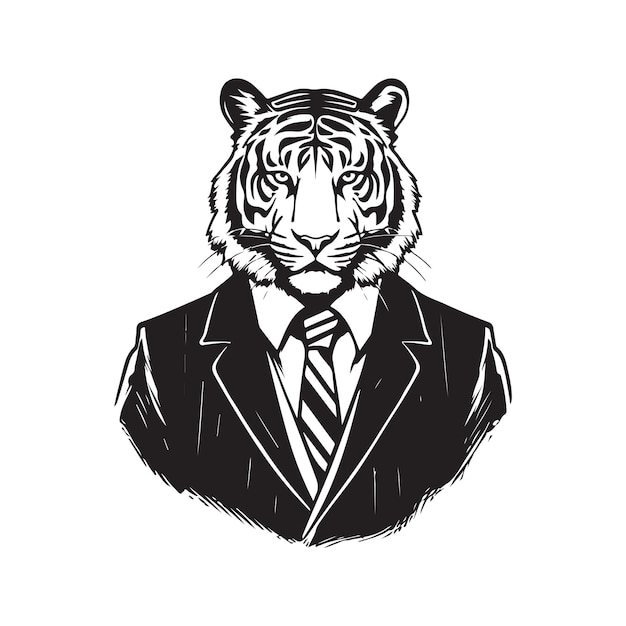 Tiger im Anzug, Vintage-Logo, Strichzeichnungen, Konzept, schwarz-weiße, handgezeichnete Illustration