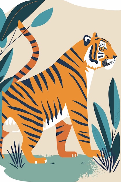 Vektor tiger im flachen vektorstil für plakatwandkunstdekor-boho-illustration