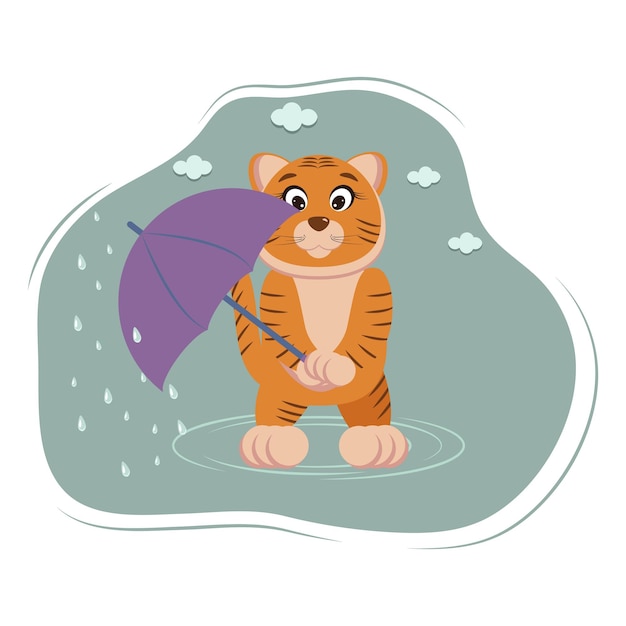 Tiger mit regenschirm im herbst im regen nass und kalt