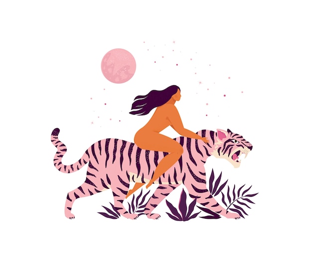 Vektor tiger und eine inspirierende illustration der frauen