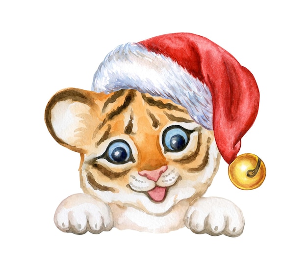 Tigerbaby mit erhobenen Pfoten in Weihnachtsmütze Tigerjunges Aquarell isoliert auf weißem Hintergrund