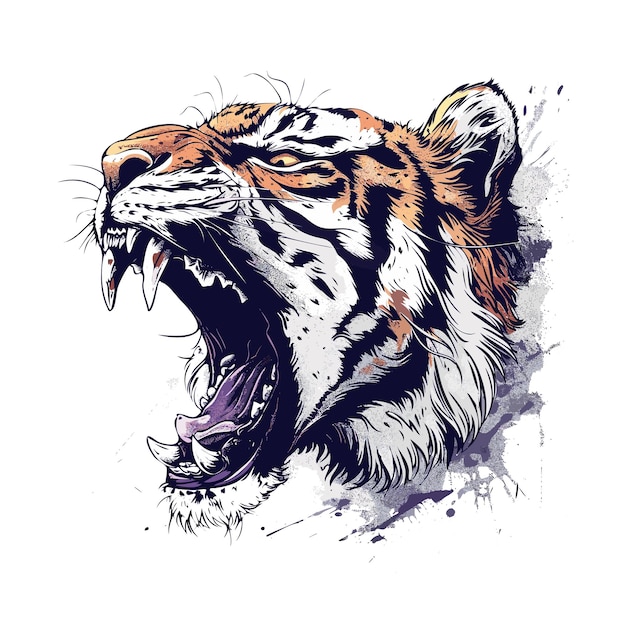 Tigerkopf mit grunge-spritzungen handgezeichnete vektorillustration