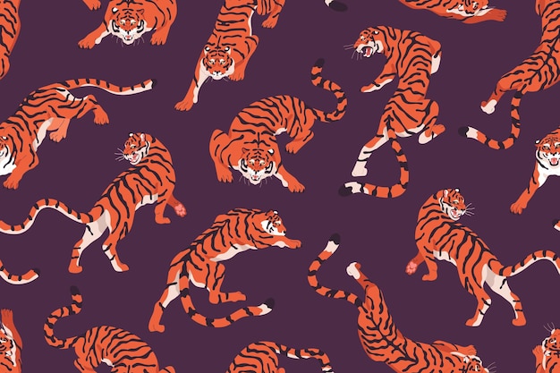 Tigermuster. nahtloser, sich wiederholender hintergrund mit endlosem aufdruck wilder katzen in verschiedenen posen. chinesisches texturdesign für verpackung und dekoration. druckbare farbige flache vektorillustration