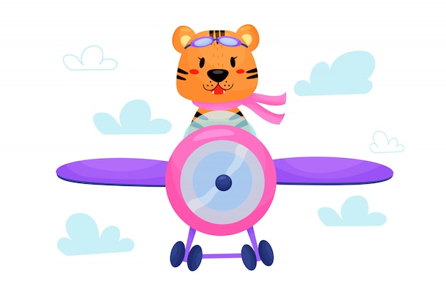 Tigerpilot fliegt im flugzeug durch die wolken. nette karikaturillustration für kinder