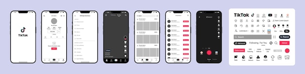 Tik Tok-Design Tik Tok-Bildschirm festlegen Schnittstellenvorlage für soziale Medien und soziale Netzwerke Homepage Empfehlungen Abonnements Tik Tok-Fotorahmen Geschichten mögen Stream Redaktionelle Illustration