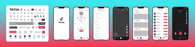 Tik Tok-Design Tik Tok-Bildschirm festlegen Schnittstellenvorlage für soziale Medien und soziale Netzwerke Homepage Empfehlungen Abonnements Tik Tok-Fotorahmen Geschichten mögen Stream Redaktionelle Illustration