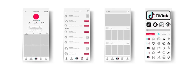 Tik Tok-Modell. Vorlagensatz für Social-Media-Schnittstellen. Rollen, Geschichten und Likes.