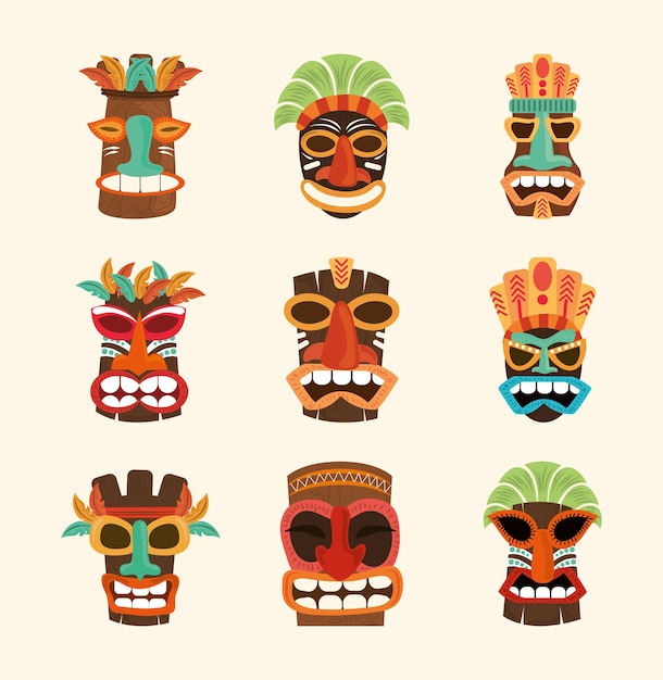 Tiki afrikanisches Gesicht Holzskulptur lokalisiert auf Weiß, Set Ikonen Illustration