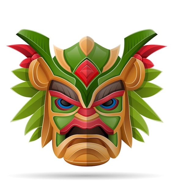 Tiki-maske hawaiianisches antikes tropisches totem-kopfgesicht-idol aus holz-vektorillustration