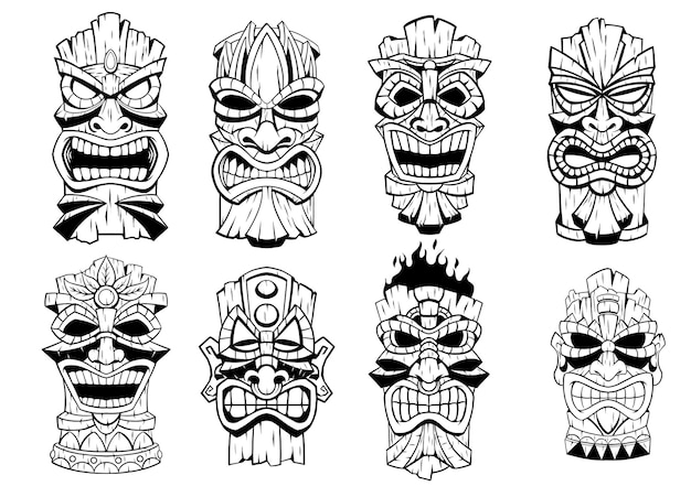 Tiki-masken-set-kollektion in schwarz-weiß-hand gezeichnet