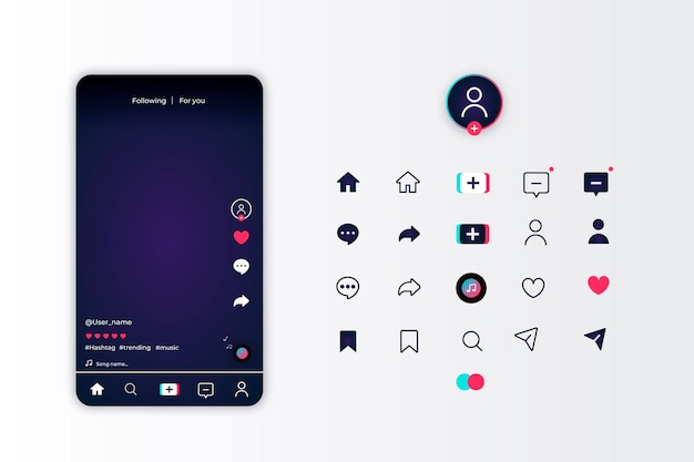 Tiktok app-oberfläche und icon-set