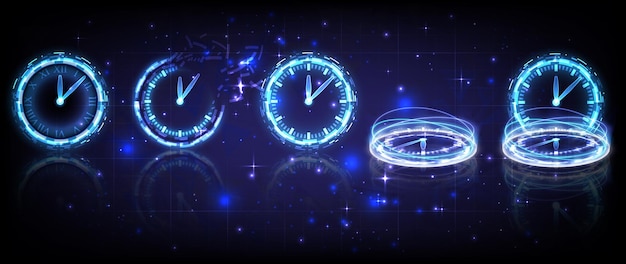 Vektor time machine fade timer und deadline scifi digitale zeitsammlung in leuchtenden hud-elementen uhr hologramm-portal der wissenschaft futuristische technologie magic warp gate im game fantasy teleport podium