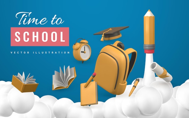 Time to school promo banner design schultasche mit buch, bleistift, wecker, abschlusskappe und diplom vektorillustration