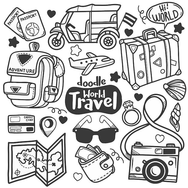 Vektor time to travel doodle line art illustration handgezeichnete vektor clip art banner set logos