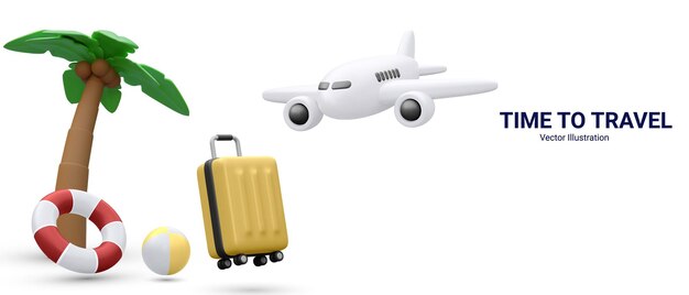Time to travel-konzeptplakat im realistischen 3d-stil mit kofferpalme, flugzeug, hündin, ball, rettungsring, vektorillustration