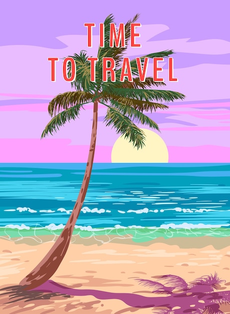 Time to travel retro poster palme am strand küste brandung ozean vektor illustration vintage