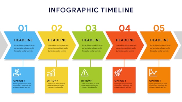 Vektor timeline infografik-elemente mit fünf schritten und diagramm
