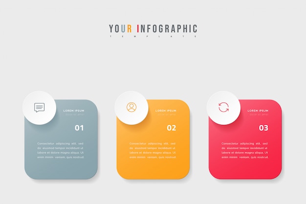 Timeline-infografik mit 3 optionen, schritten oder prozessen. buntes schablonendesign