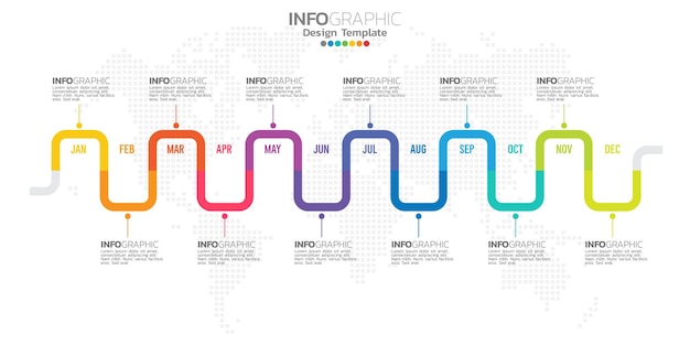 Timeline-Infografik-Präsentation für 1 Jahr 12 Monate verwendet für Geschäftskonzept mit 12 Optionen, Schritten und Prozessen
