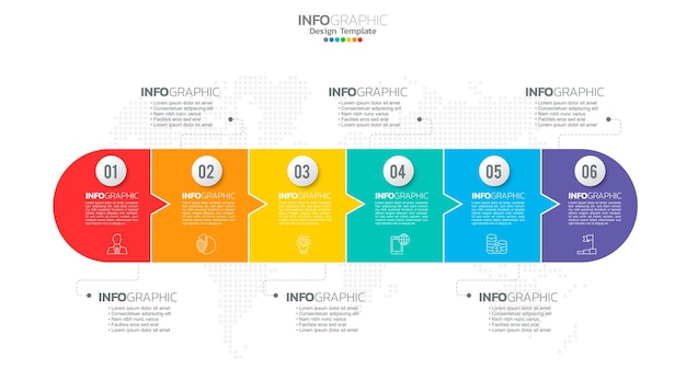 Timeline-Infografik-Vektor mit 6 Schritten kann für das Webdesign des Workflow-Layout-Diagramms des Jahresberichts verwendet werden