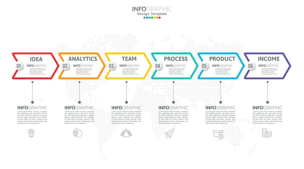Timeline-Infografik-Vektor mit 6 Schritten kann für das Webdesign des Workflow-Layout-Diagramms des Jahresberichts verwendet werden