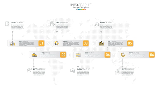 Timeline-Infografik-Vektor mit 6 Schritten kann für das Webdesign des Workflow-Layout-Diagramms des Jahresberichts verwendet werden